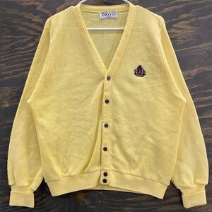 Vintage IZOD Crest Cardigan Sweater Men’s Small Yellow Made in USA Preppy Ivy